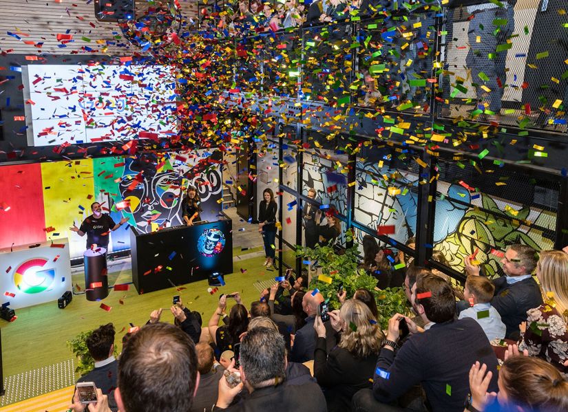 Google Cloud office celebration with colourful confetti