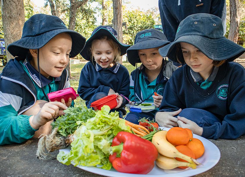 A group of four primary school children gathered around a table of fruit and vegetables