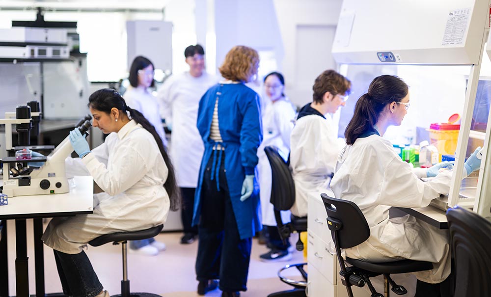 A teacher walks between groups of students who are checking samples in a microscope, preparing tests in a fume hood, and checking samples in front of a bench..