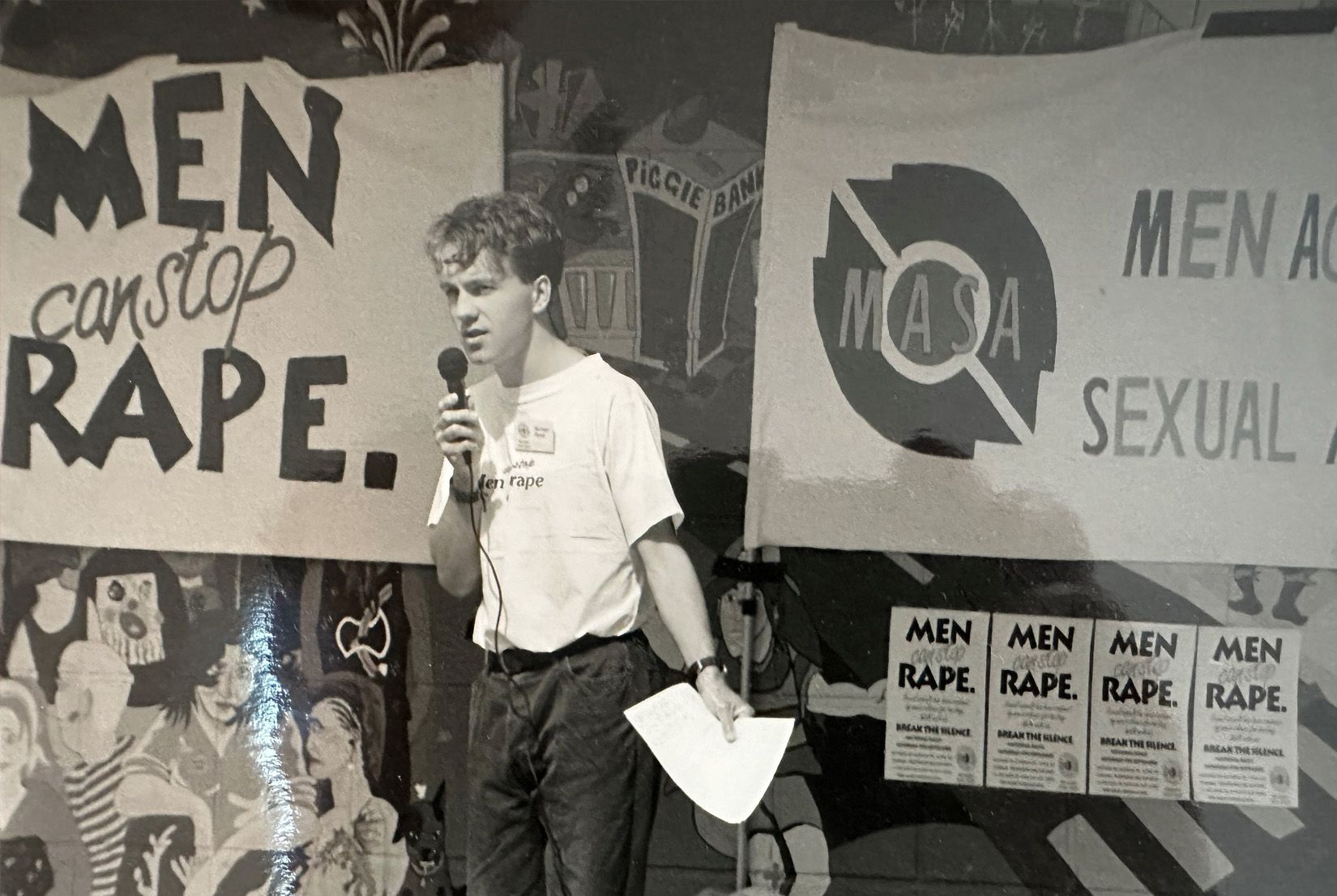Michael Flood speaking at the Men Against Sexual Assault rally in Garema Place, Canberra, 1992