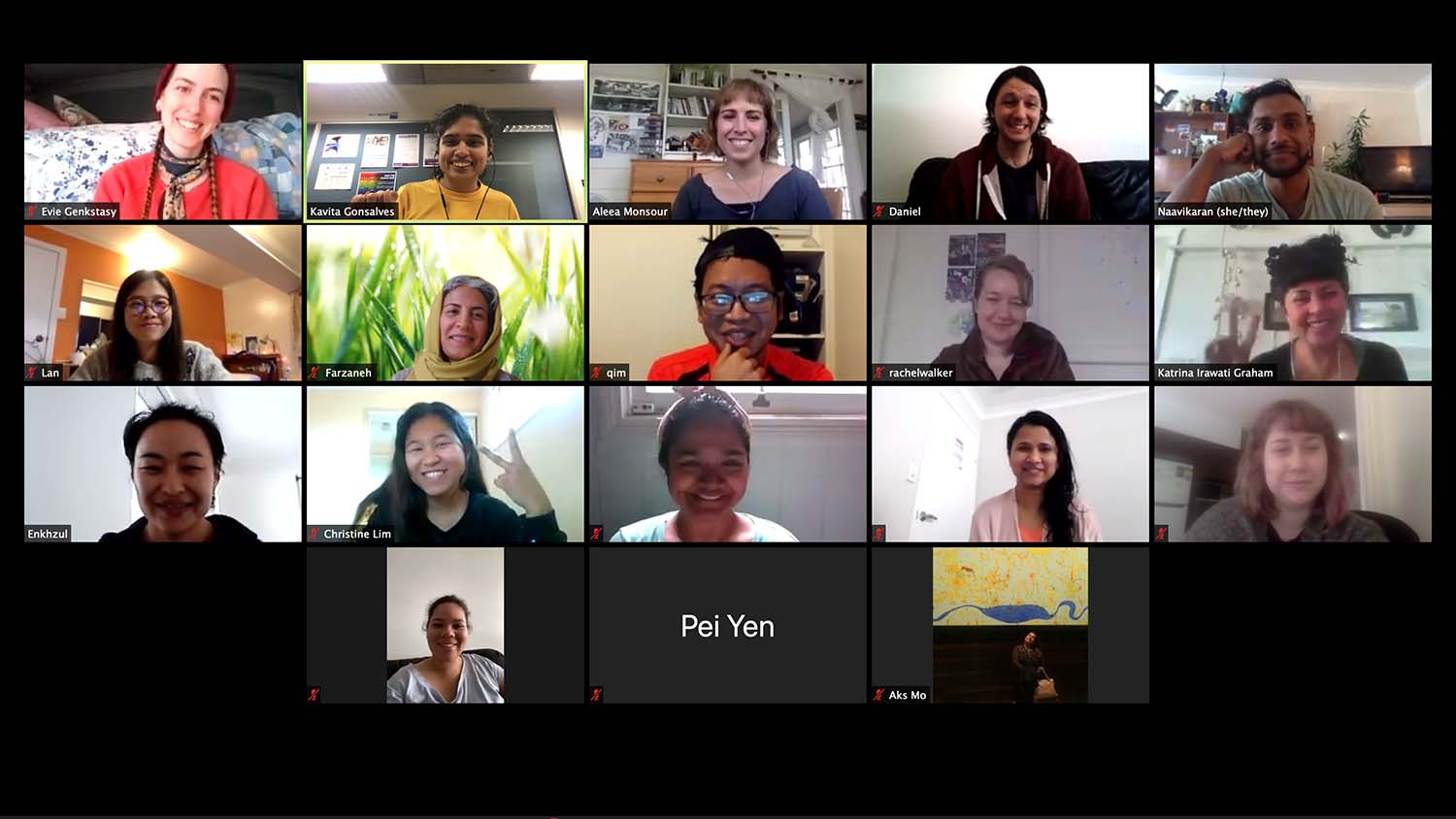 A Zoom browser screen filled with box framed faces of students attending an online class.