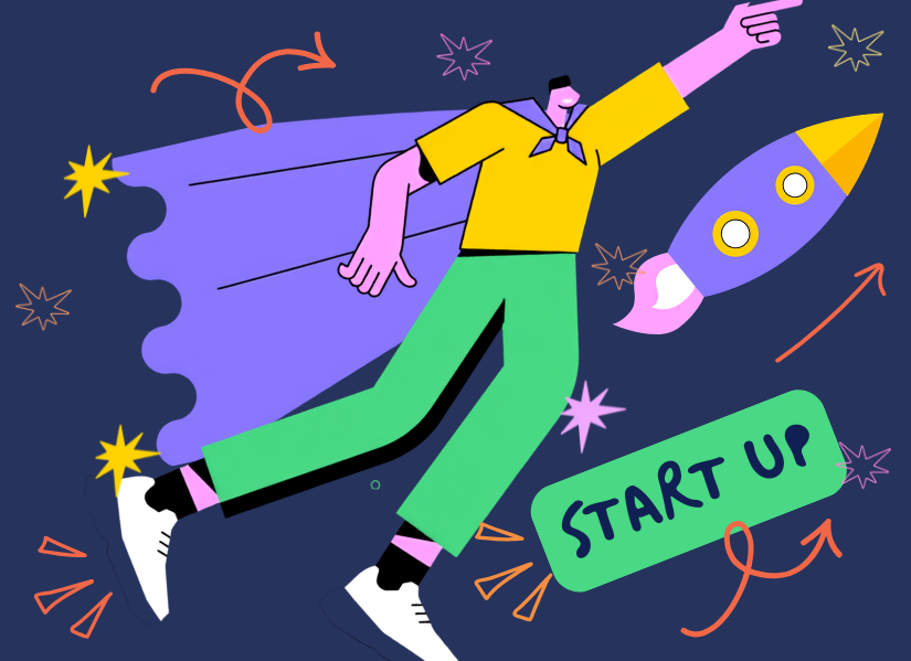 promotional image of a man in a cape with a rocket with the words start up.