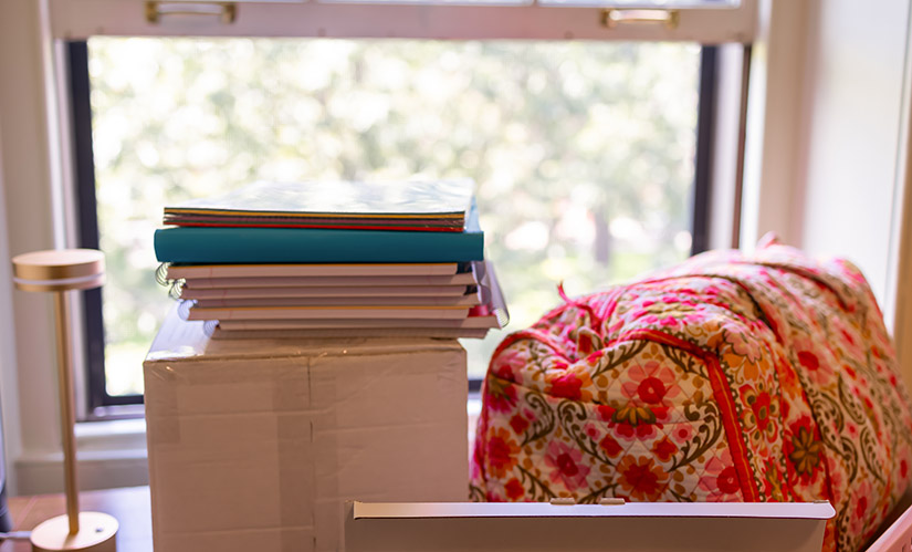 A bag, a cardboard moving box and a stack of books sit on a bed in an empty room.
