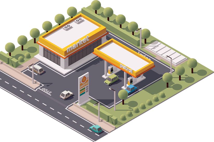 3D graphic illustration of a petrol station and adjacent convenience store