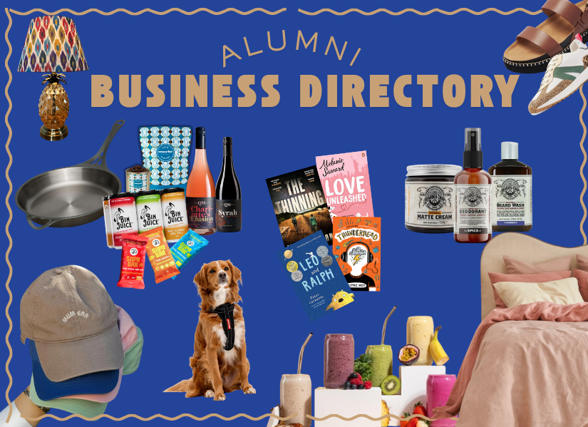 Photo of various pieces of fashion, food, homewares and book created by QUT Alumni. 