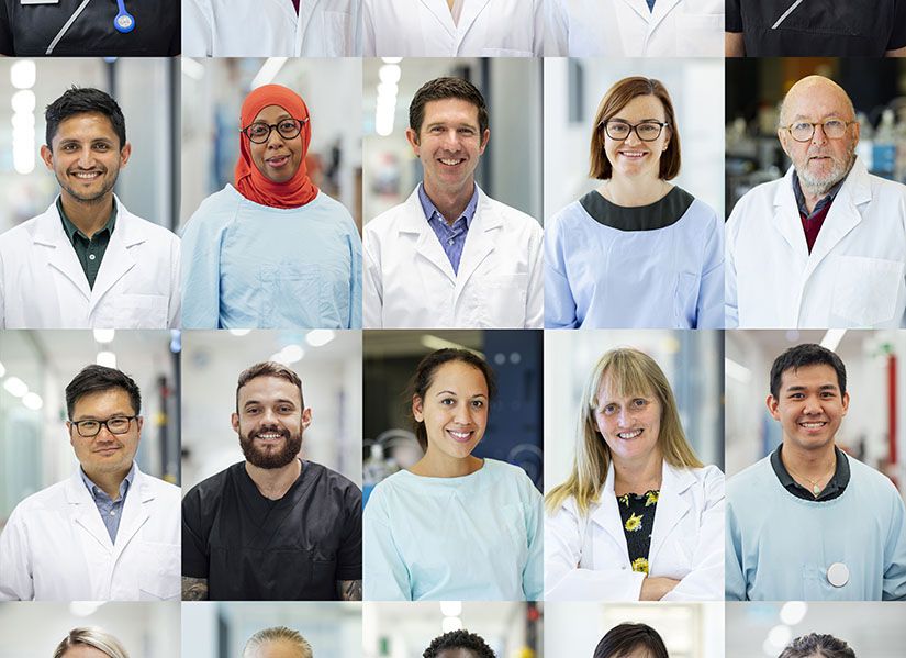 A photo showing a rows of professional health staff portraits representing a broad range of health roles.