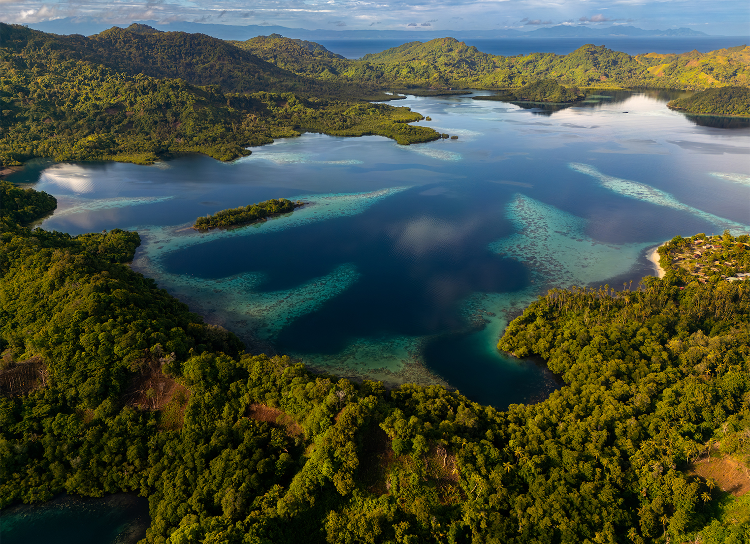 Aerial view of South Pacific island with coral reef