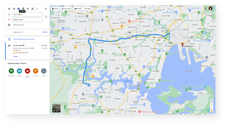 Google maps screenshot of a drive to the airport