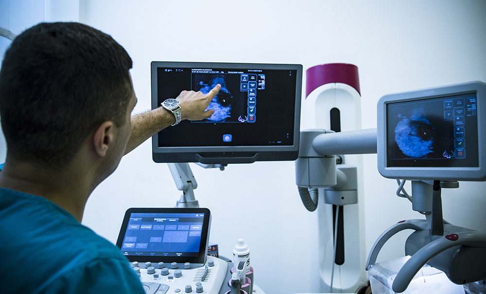 A clinician interprets the results of a soft tissue scan.