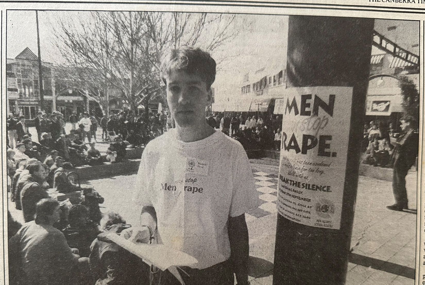 Michael Flood at the Men Against Sexual Assault rally in Canberra, 1992