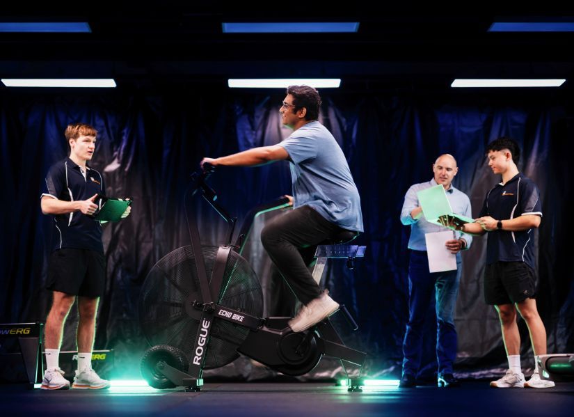 Students and exercise bike with bright lights