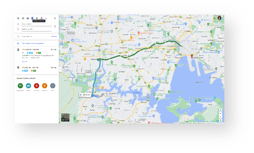 Google maps screenshot of taking the train to the airport.