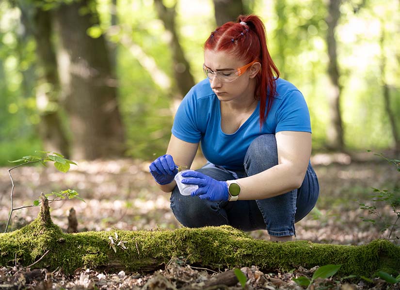 Student in forest taking water samples