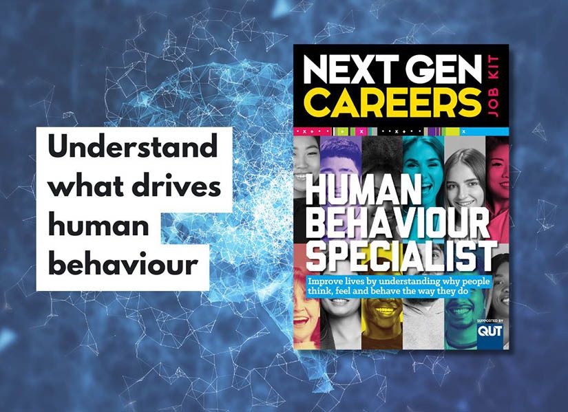 A magazine 'Behavioural specialist job kit' is shown next to the quote 'Learn what drives human behaviour'.