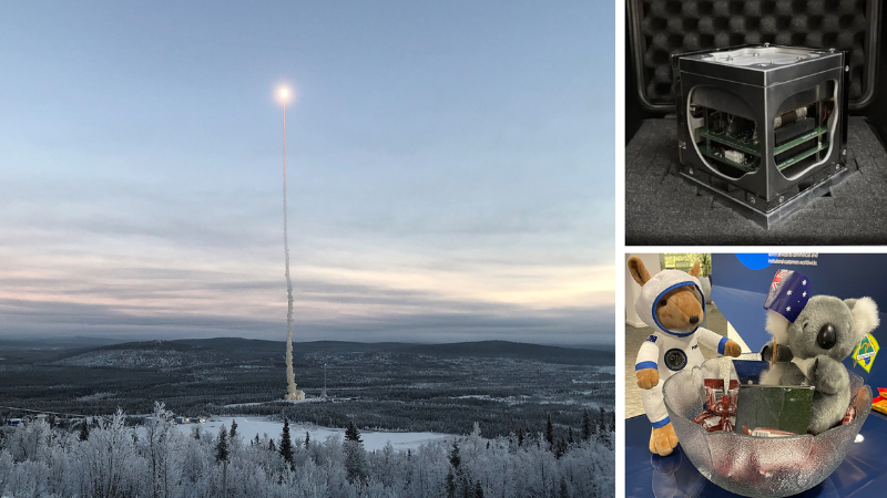 A main images shows a small satellite shooting into the sky in a snowy landscape.