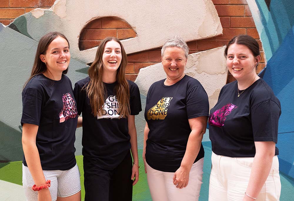 2021 Budding Entrepreneur Scholarship recipients Sarah Eisenmenger, Jessica Carlile, Elise Berry (pictured with Professor Rowena Barrett, second from right) started in Semester 1 2021, and Coby Lee Davis.
