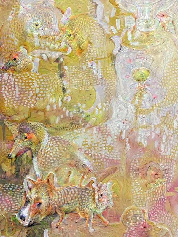 AI-enabled art piece on canvas - mainly yellow and pink with different woodland animals incorporated into the background
