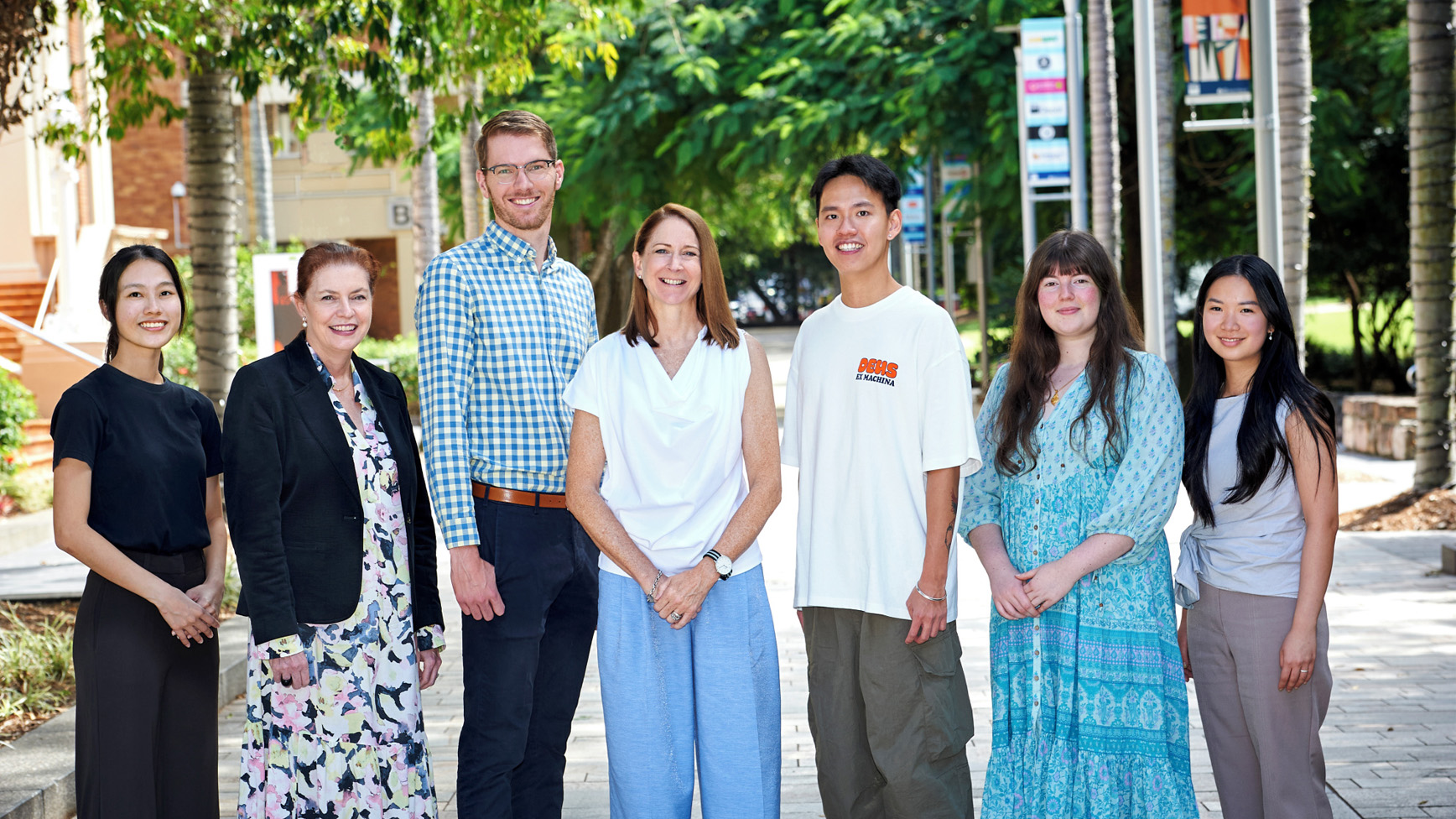 A collaborative new curriculum: Student reviewer Jing Yi Tan, Professor Robina Xavier, Dr Richle Young, Professor Gene Moyle, and fellow student reviewers Jim Jet, Madison Wonders and Daisy Vu. Picture: QUT