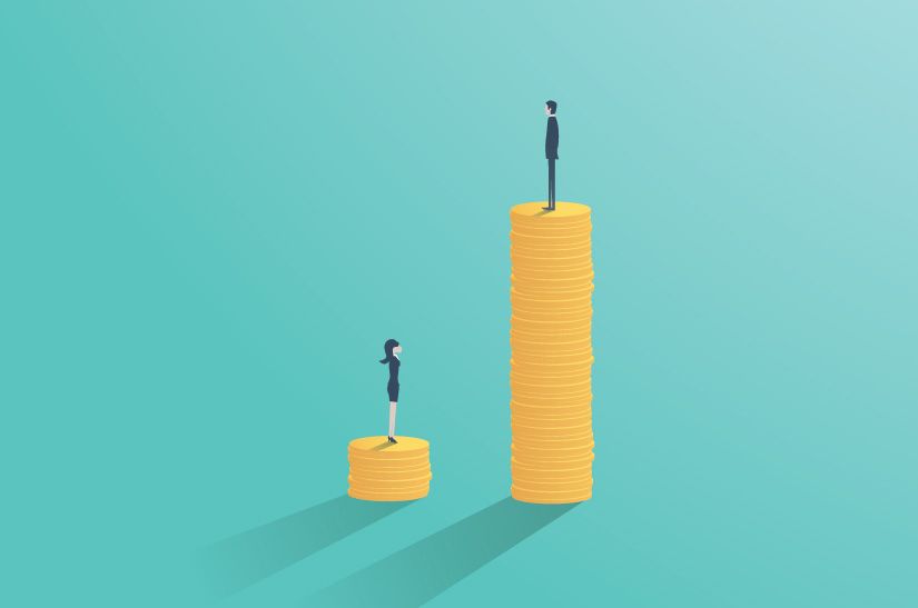 A man and woman standing on piles of money. The man's pile is much taller.