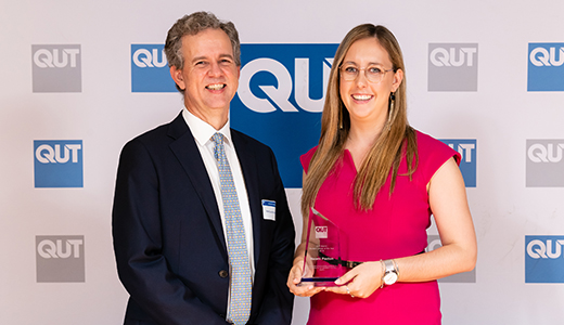 Professor Gordon Wyeth from QUT's Science and Engineering Faculty with the 2019 Student Leader of the Year Naomi Paxton