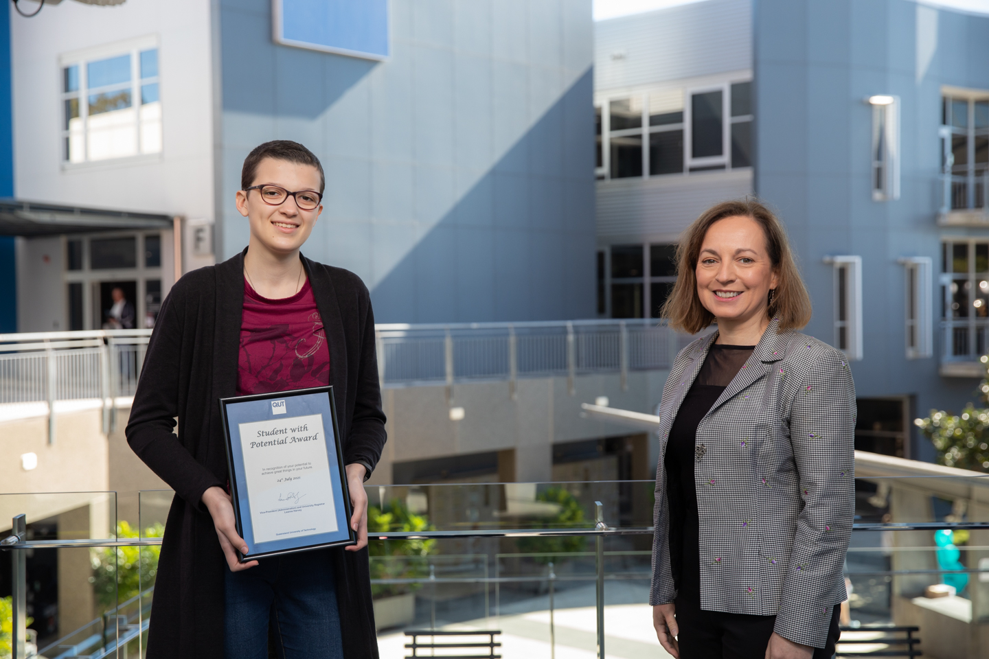 Student with Potential\, Tahnee Landers and QUT's Equity Director - Dr Theresa Lauf.