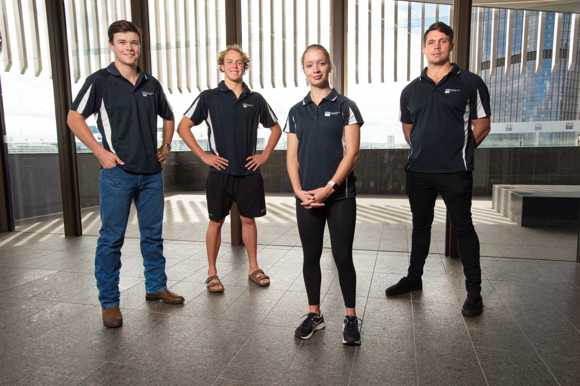 AIS - QUT Scholarship winners. Left to right: Jake Rynne (Bowls), Sam Short (Swimming), Isis Holt (Athletics) and Matthew Lyndement, (Weightlifting).